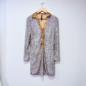 MANILA GRACE Gold Sequin Long Sleeve Mini Dress | Medium *